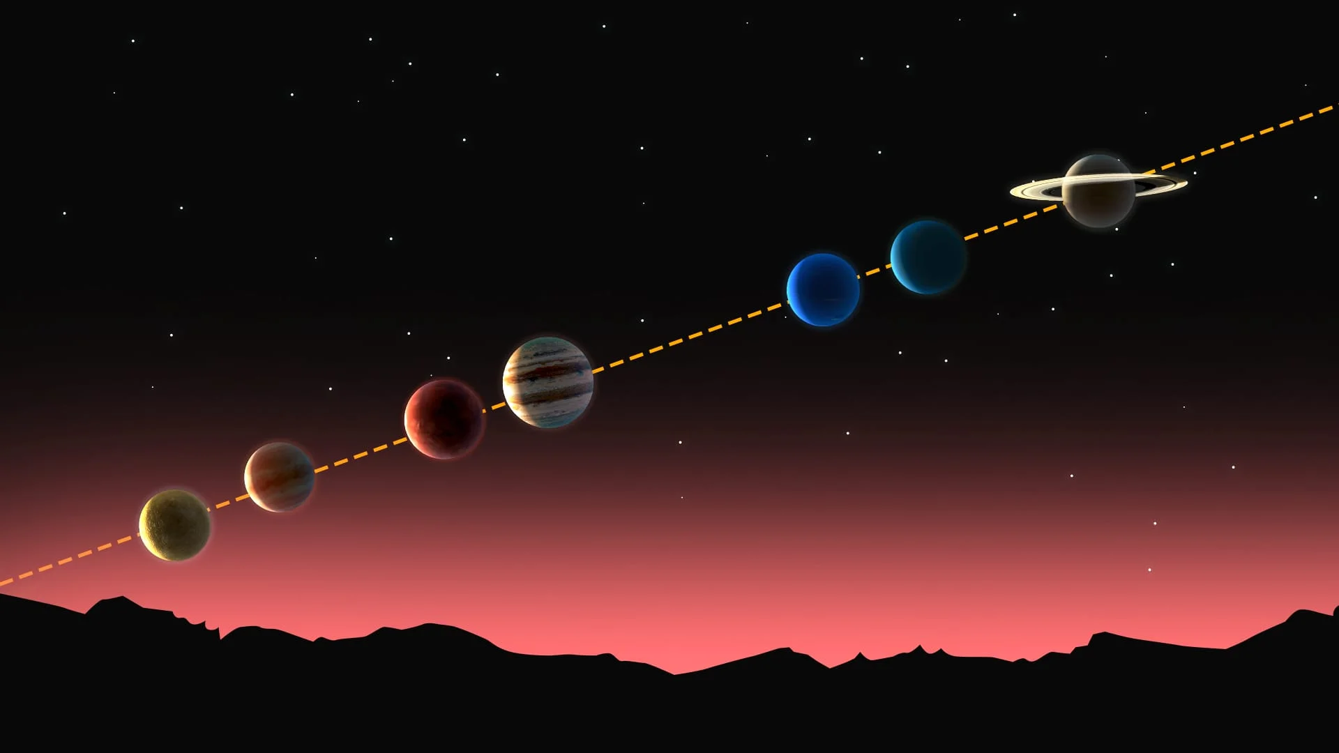 Illustration of planets approaching conjunction in the zodiac