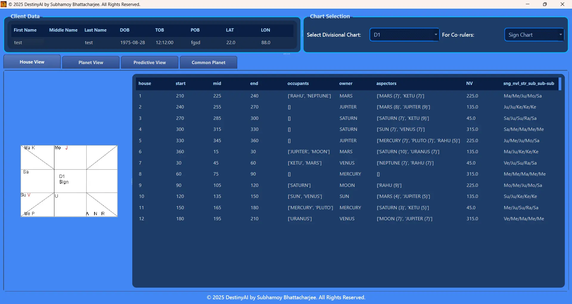 DestinyAI Software Interface showing planetary positions and house analysis