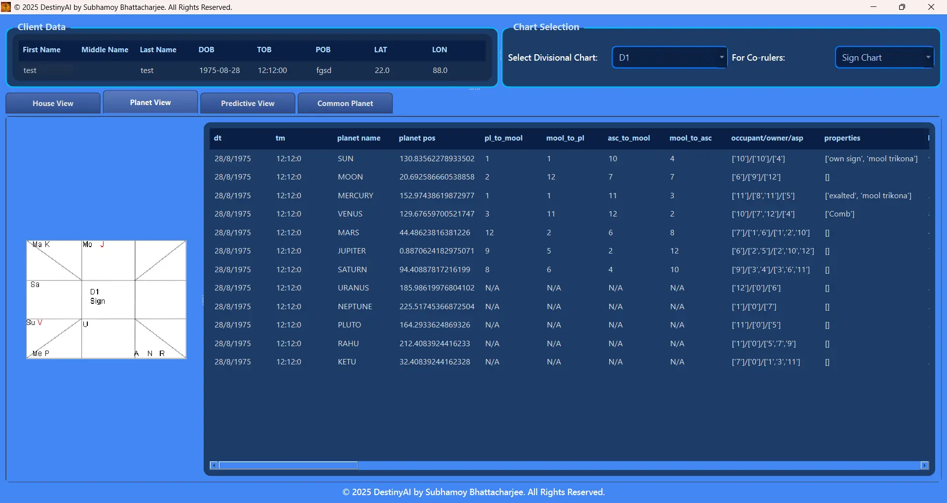 DestinyAI birth chart analysis with detailed planetary aspects