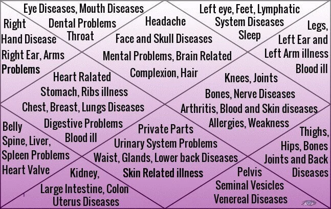 Vedic medical astrology chart showing disease predictions